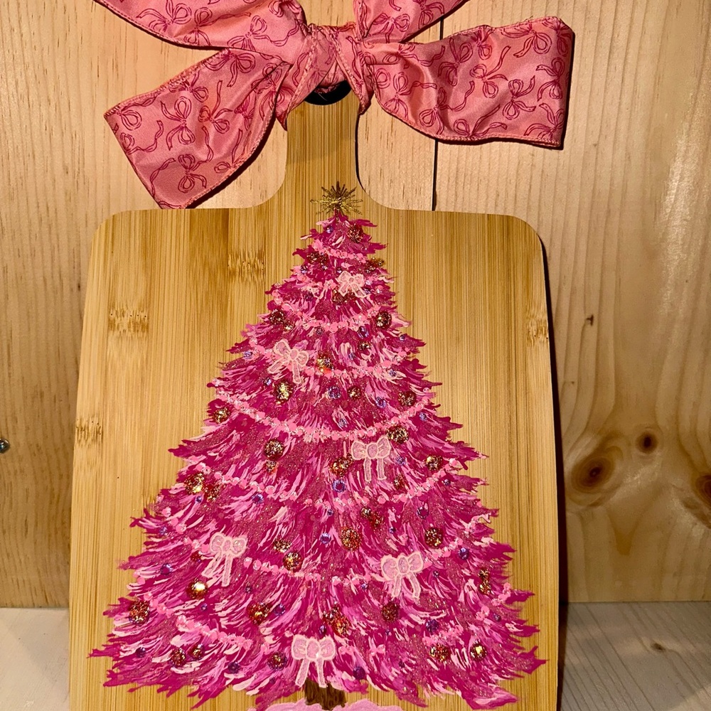 Festive Pink Christmas Tree Bamboo Cutting Board